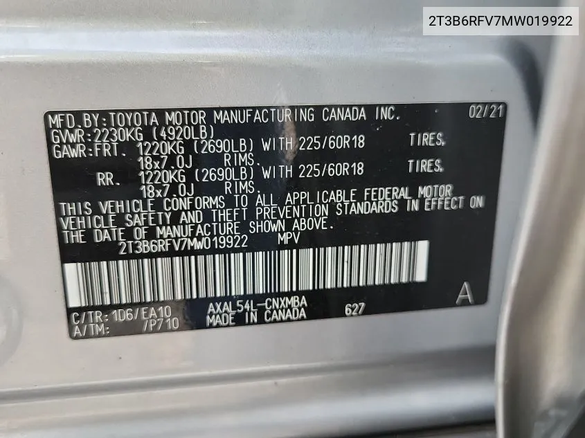 2T3B6RFV7MW019922 2021 Toyota Rav4 Xle Premium/Xse