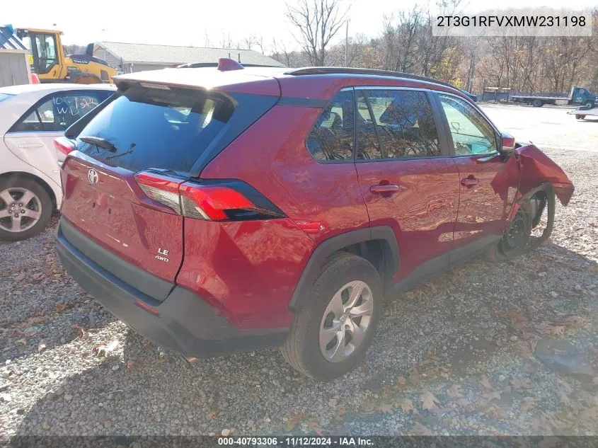 2021 Toyota Rav4 Le VIN: 2T3G1RFVXMW231198 Lot: 40793306