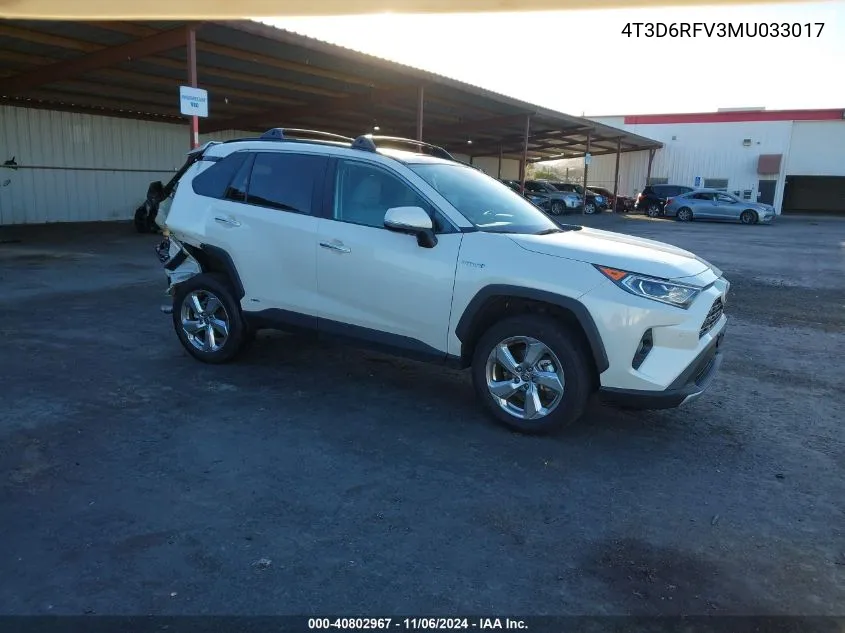 2021 Toyota Rav4 Hybrid Limited VIN: 4T3D6RFV3MU033017 Lot: 40802967