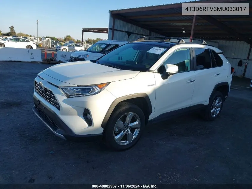 2021 Toyota Rav4 Hybrid Limited VIN: 4T3D6RFV3MU033017 Lot: 40802967