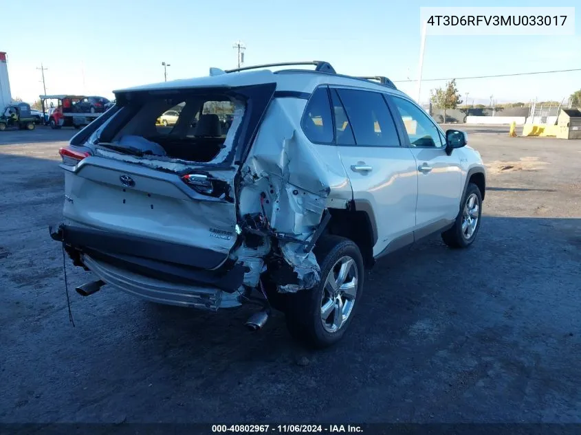 2021 Toyota Rav4 Hybrid Limited VIN: 4T3D6RFV3MU033017 Lot: 40802967