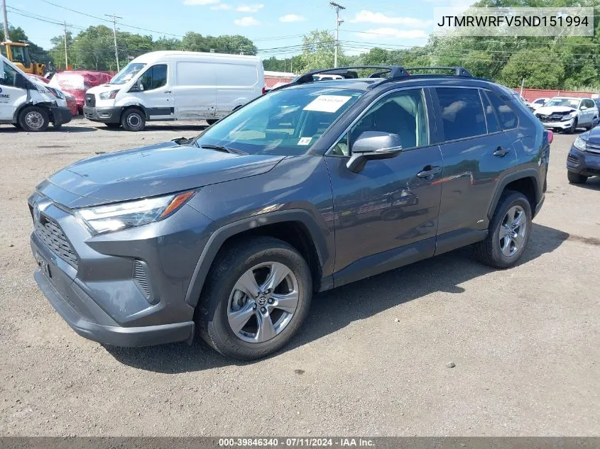 2022 Toyota Rav4 Hybrid Xle VIN: JTMRWRFV5ND151994 Lot: 39846340