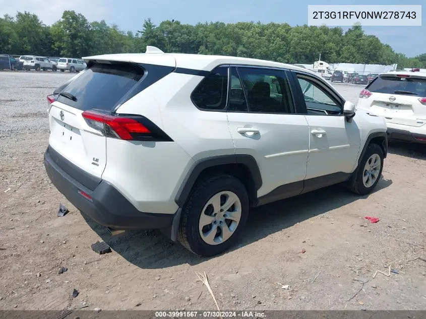 2022 Toyota Rav4 Le VIN: 2T3G1RFV0NW278743 Lot: 39991567