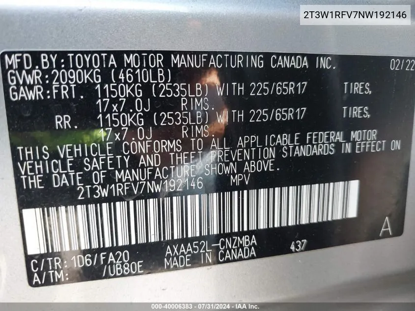 2T3W1RFV7NW192146 2022 Toyota Rav4 Xle