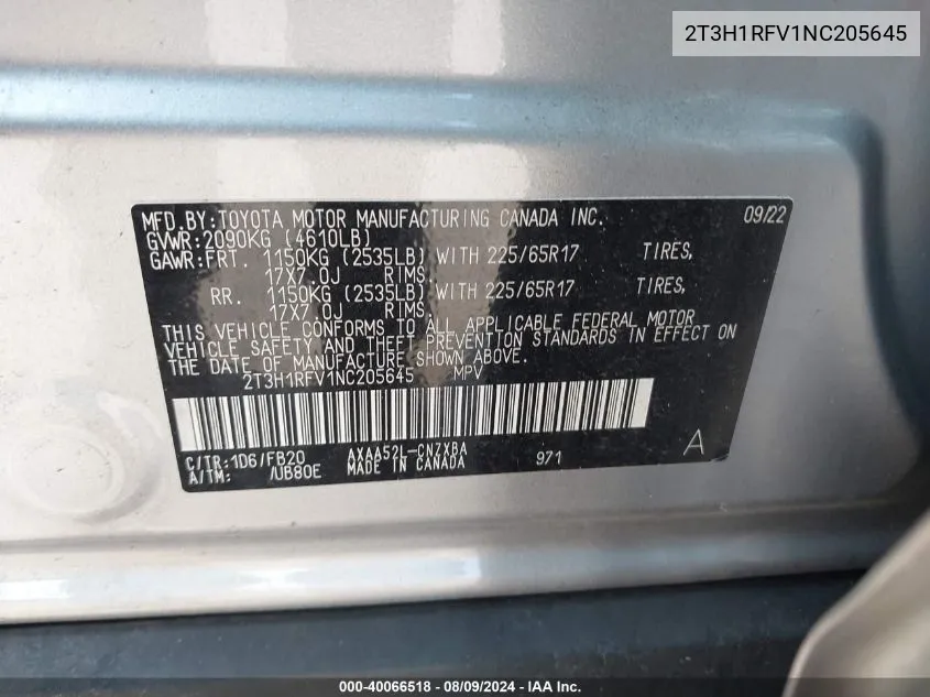 2T3H1RFV1NC205645 2022 Toyota Rav4 Le