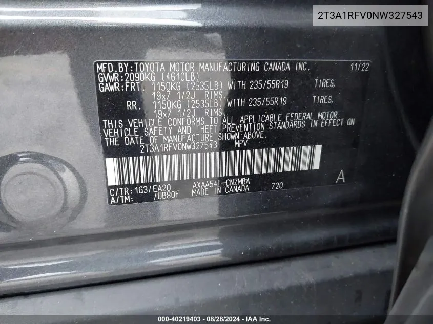 2T3A1RFV0NW327543 2022 Toyota Rav4 Xle Premium