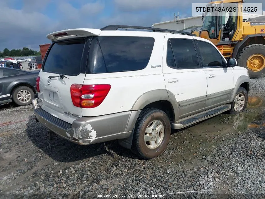 2002 Toyota Sequoia Limited V8 VIN: 5TDBT48A62S114525 Lot: 39962056