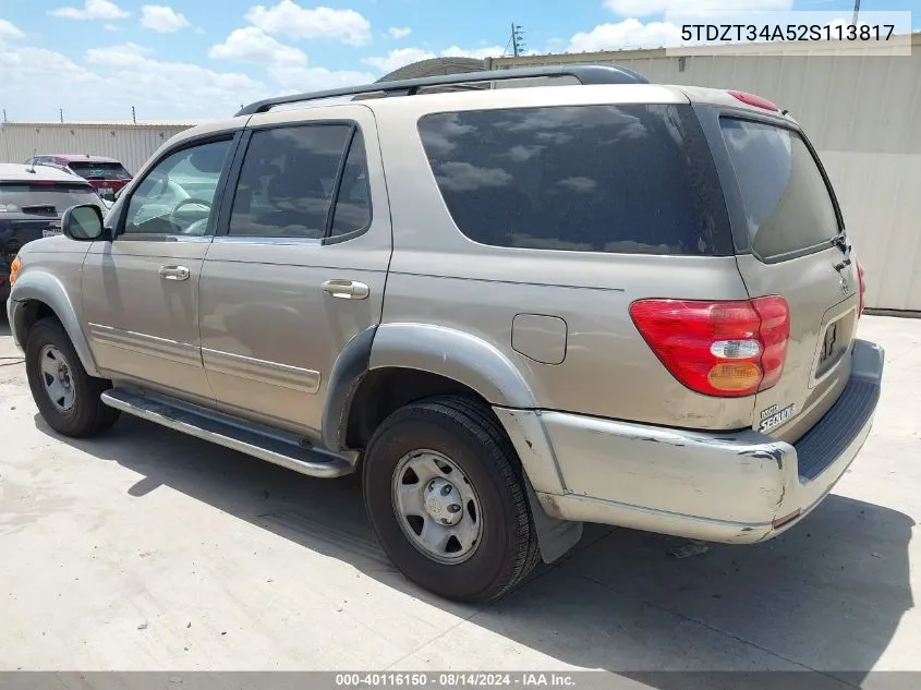 2002 Toyota Sequoia Sr5 V8 VIN: 5TDZT34A52S113817 Lot: 40116150