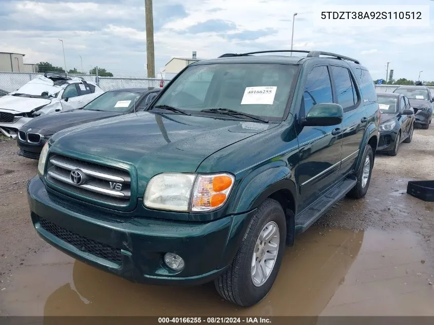 2002 Toyota Sequoia Limited VIN: 5TDZT38A92S110512 Lot: 40166255