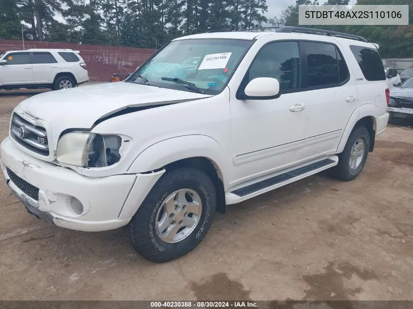 2002 Toyota Sequoia Limited V8 VIN: 5TDBT48AX2S110106 Lot: 40230388