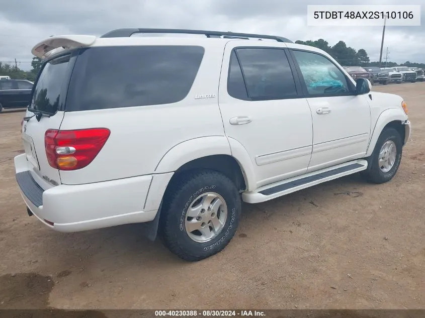 2002 Toyota Sequoia Limited V8 VIN: 5TDBT48AX2S110106 Lot: 40230388