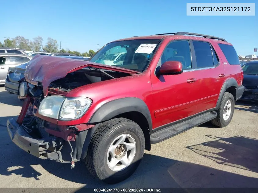 2002 Toyota Sequoia Sr5 V8 VIN: 5TDZT34A32S121172 Lot: 40241778