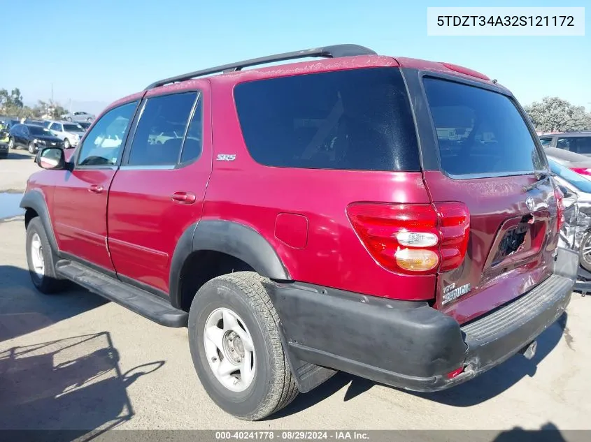 2002 Toyota Sequoia Sr5 V8 VIN: 5TDZT34A32S121172 Lot: 40241778