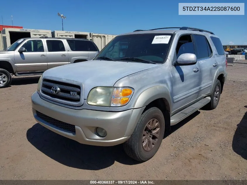 2002 Toyota Sequoia Sr5 VIN: 5TDZT34A22S087600 Lot: 40368337