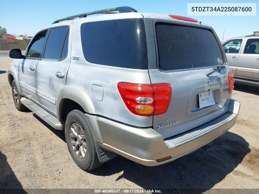 2002 Toyota Sequoia Sr5 VIN: 5TDZT34A22S087600 Lot: 40368337