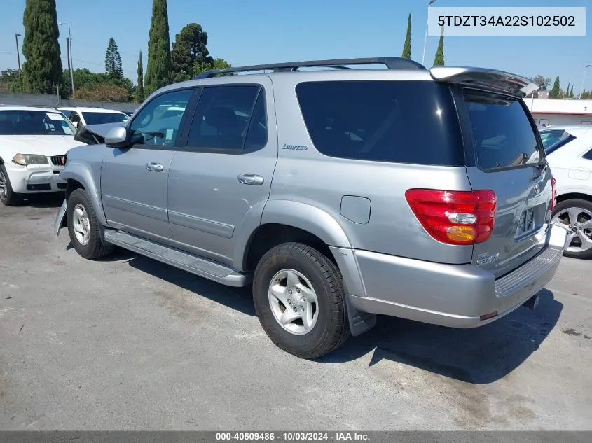 2002 Toyota Sequoia Sr5 V8 VIN: 5TDZT34A22S102502 Lot: 40509486