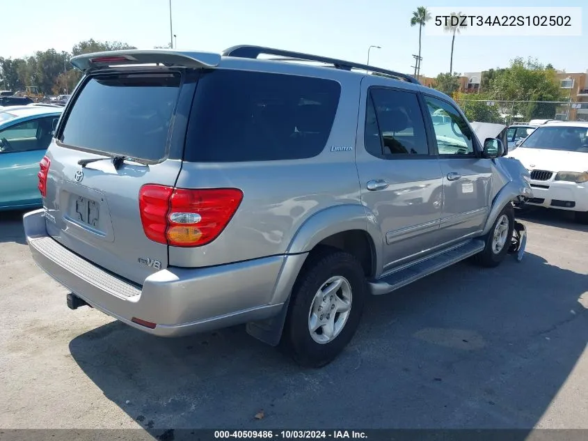 2002 Toyota Sequoia Sr5 V8 VIN: 5TDZT34A22S102502 Lot: 40509486