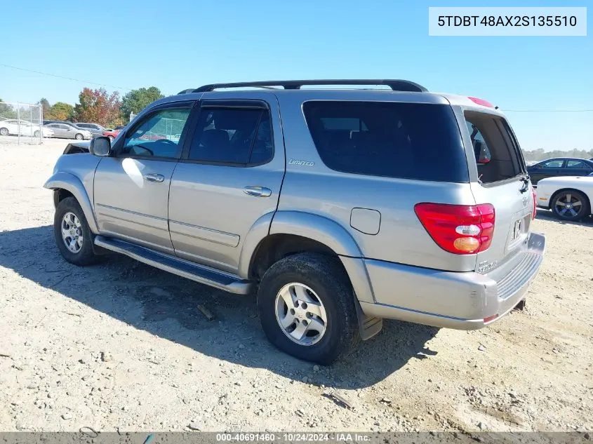 2002 Toyota Sequoia Limited V8 VIN: 5TDBT48AX2S135510 Lot: 40691460