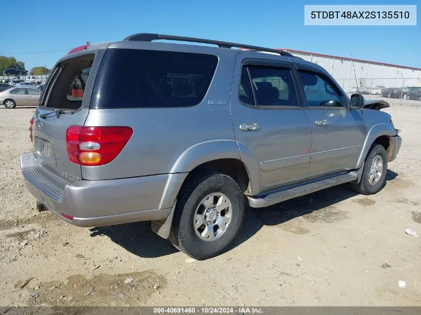 2002 Toyota Sequoia Limited V8 VIN: 5TDBT48AX2S135510 Lot: 40691460