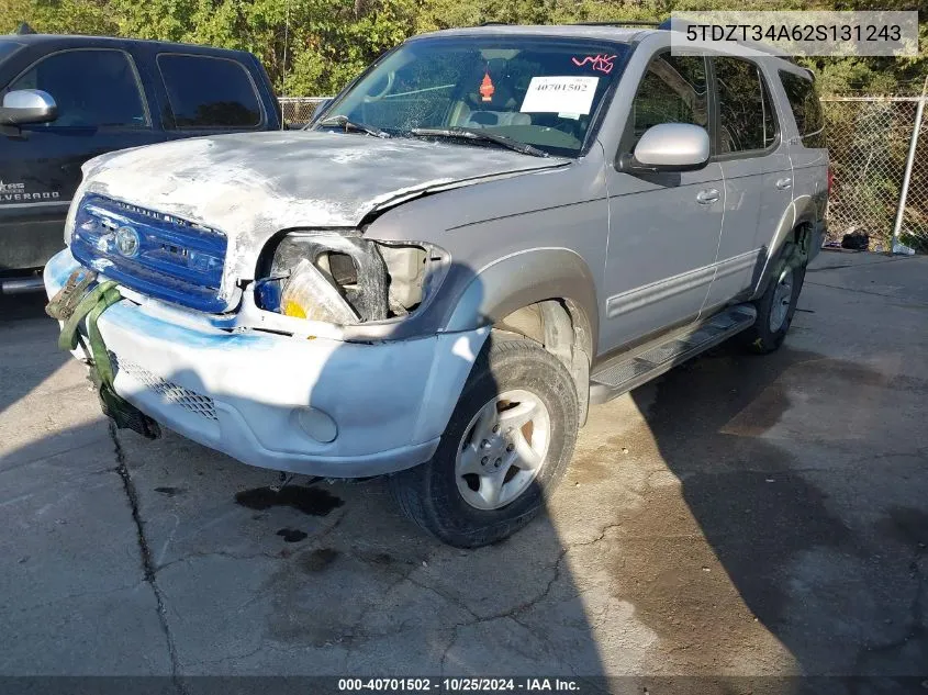 2002 Toyota Sequoia Sr5 VIN: 5TDZT34A62S131243 Lot: 40701502