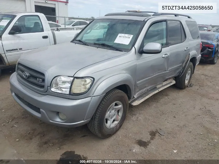 2002 Toyota Sequoia Sr5 V8 VIN: 5TDZT34A42S058650 Lot: 40715335