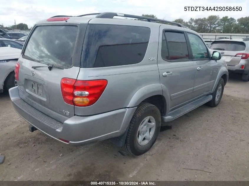 2002 Toyota Sequoia Sr5 V8 VIN: 5TDZT34A42S058650 Lot: 40715335