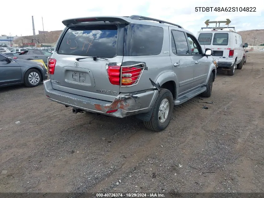 2002 Toyota Sequoia Limited VIN: 5TDBT48A62S104822 Lot: 40726374