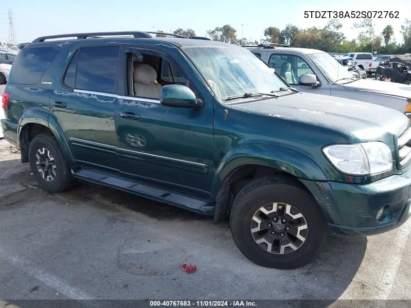 2002 Toyota Sequoia Limited V8 VIN: 5TDZT38A52S072762 Lot: 40767683