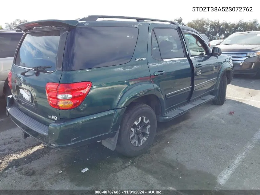 2002 Toyota Sequoia Limited V8 VIN: 5TDZT38A52S072762 Lot: 40767683