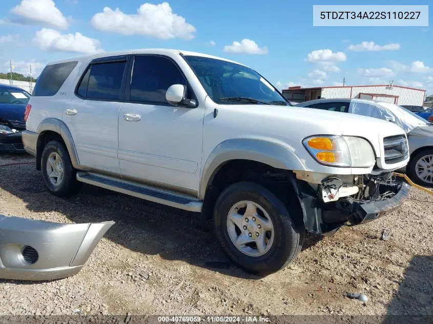 2002 Toyota Sequoia Sr5 V8 VIN: 5TDZT34A22S110227 Lot: 40769059