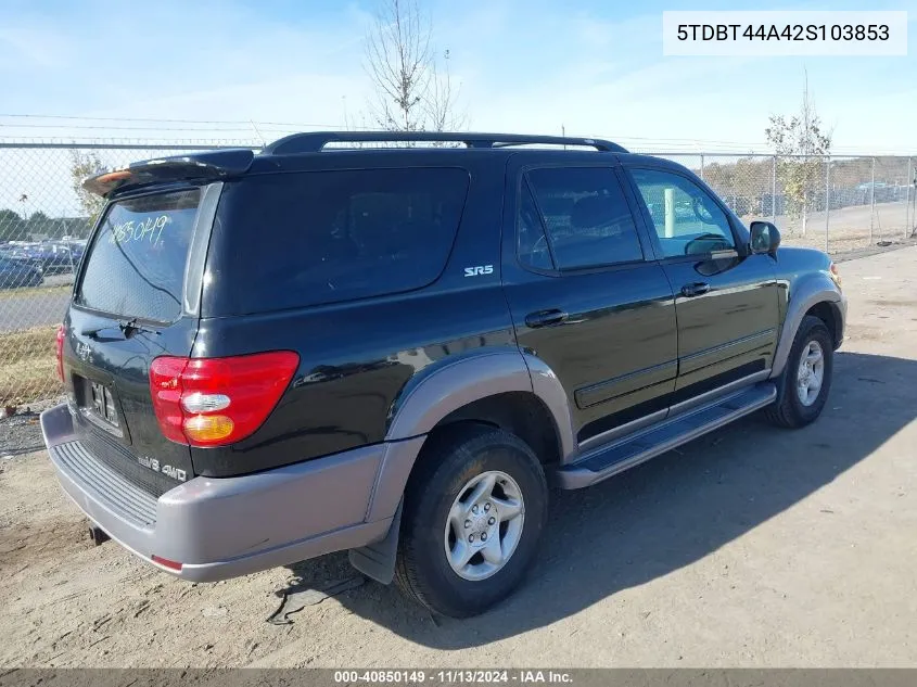 2002 Toyota Sequoia Sr5 V8 VIN: 5TDBT44A42S103853 Lot: 40850149