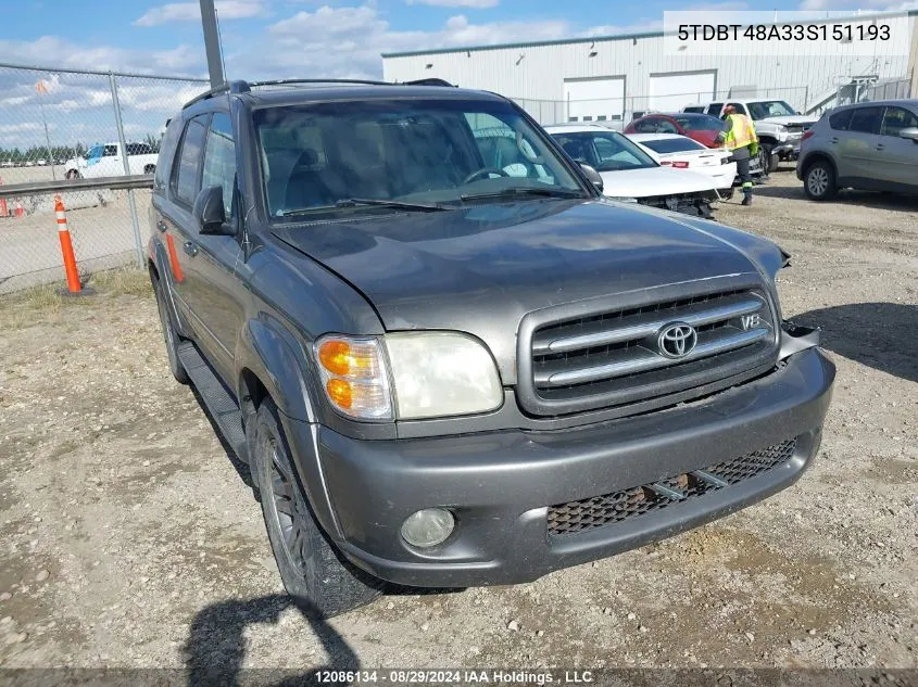 2003 Toyota Sequoia Limited VIN: 5TDBT48A33S151193 Lot: 12086134