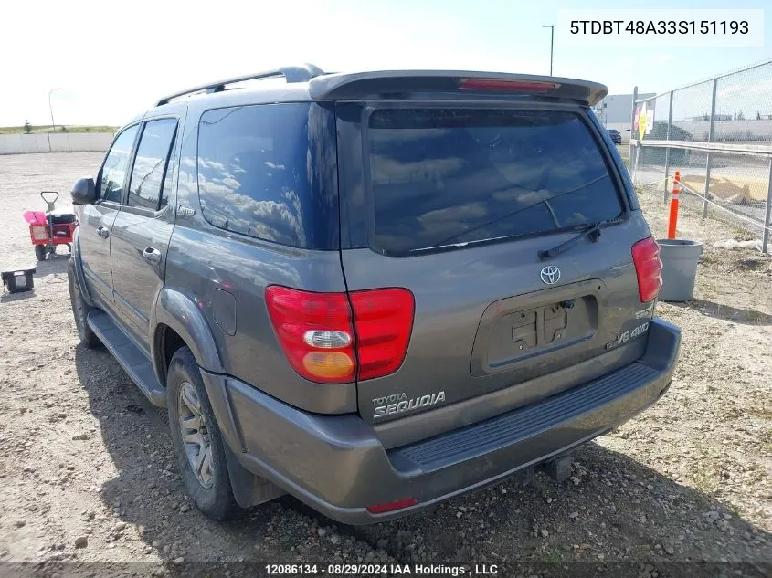 2003 Toyota Sequoia Limited VIN: 5TDBT48A33S151193 Lot: 12086134