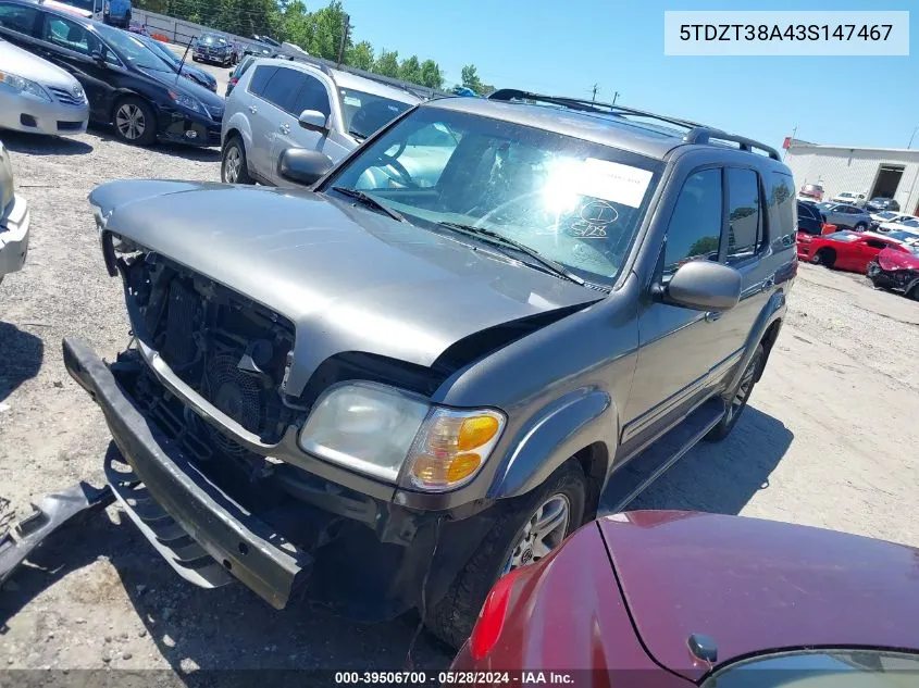 2003 Toyota Sequoia Limited V8 VIN: 5TDZT38A43S147467 Lot: 39506700