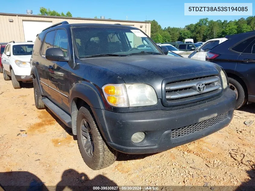 2003 Toyota Sequoia Limited V8 VIN: 5TDZT38A53S194085 Lot: 39530827