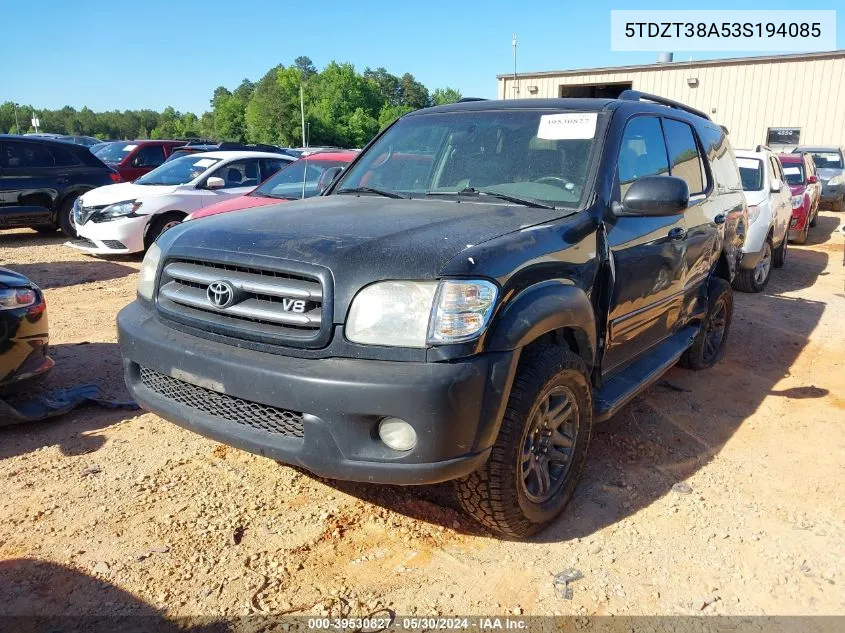 2003 Toyota Sequoia Limited V8 VIN: 5TDZT38A53S194085 Lot: 39530827