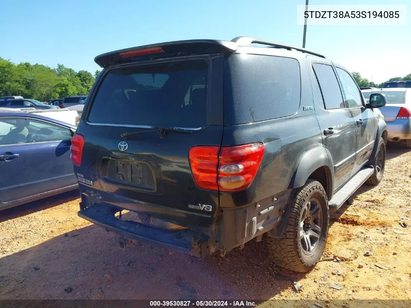 2003 Toyota Sequoia Limited V8 VIN: 5TDZT38A53S194085 Lot: 39530827