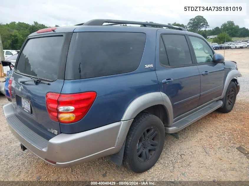 2003 Toyota Sequoia Sr5 V8 VIN: 5TDZT34A73S181019 Lot: 40040429