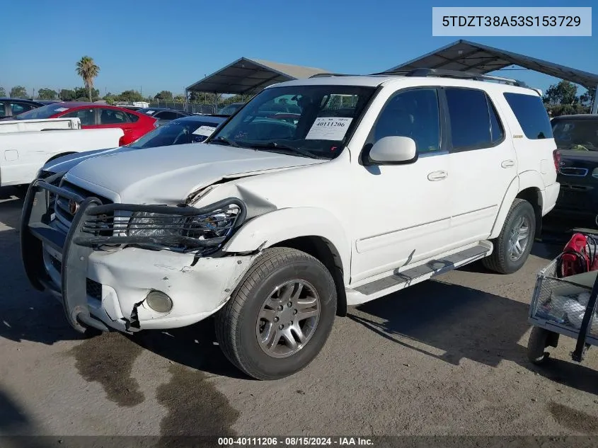 2003 Toyota Sequoia Limited V8 VIN: 5TDZT38A53S153729 Lot: 40111206