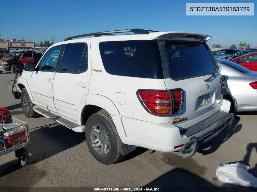 2003 Toyota Sequoia Limited V8 VIN: 5TDZT38A53S153729 Lot: 40111206