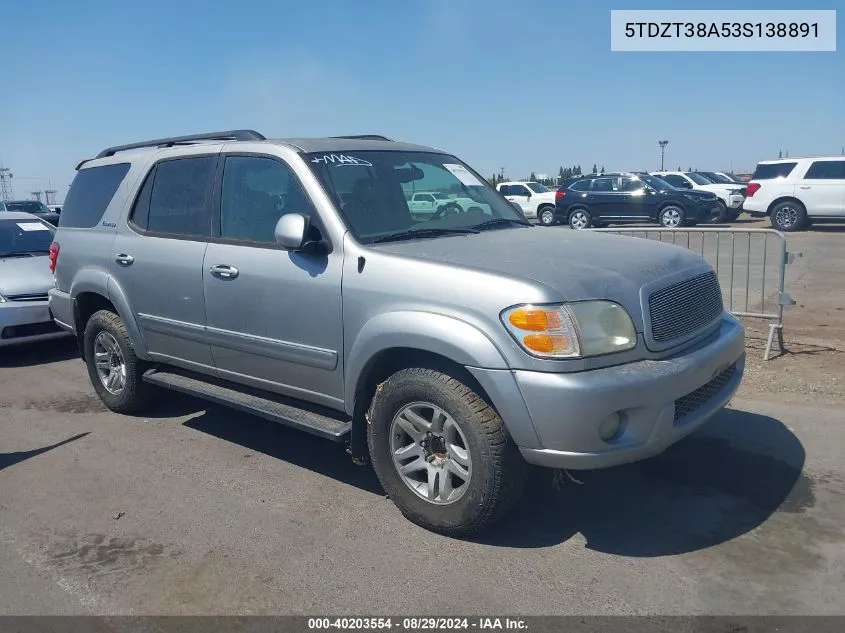 2003 Toyota Sequoia Limited V8 VIN: 5TDZT38A53S138891 Lot: 40203554