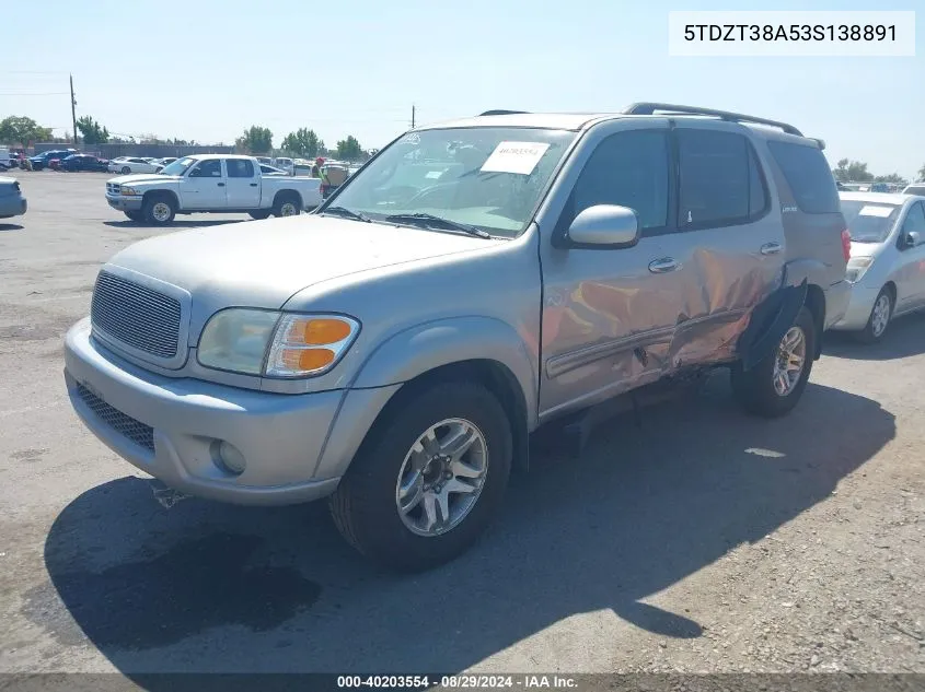 2003 Toyota Sequoia Limited V8 VIN: 5TDZT38A53S138891 Lot: 40203554