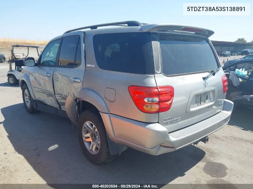 2003 Toyota Sequoia Limited V8 VIN: 5TDZT38A53S138891 Lot: 40203554