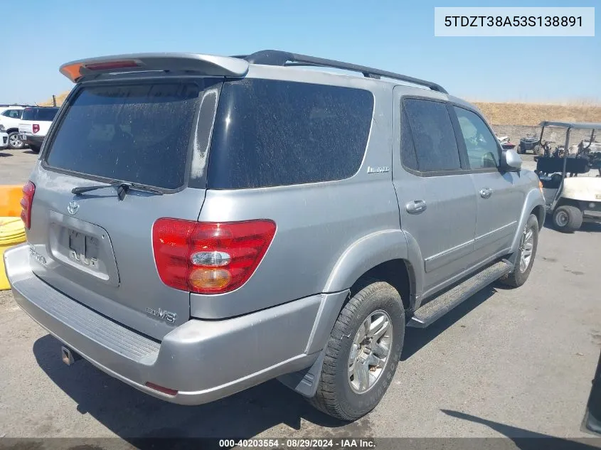 2003 Toyota Sequoia Limited V8 VIN: 5TDZT38A53S138891 Lot: 40203554