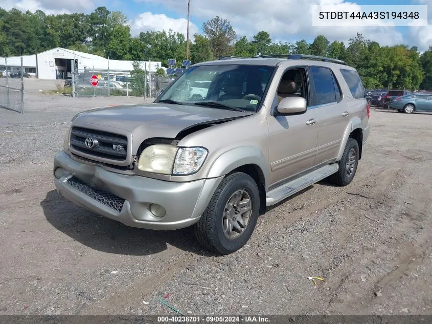 2003 Toyota Sequoia Sr5 V8 VIN: 5TDBT44A43S194348 Lot: 40238701