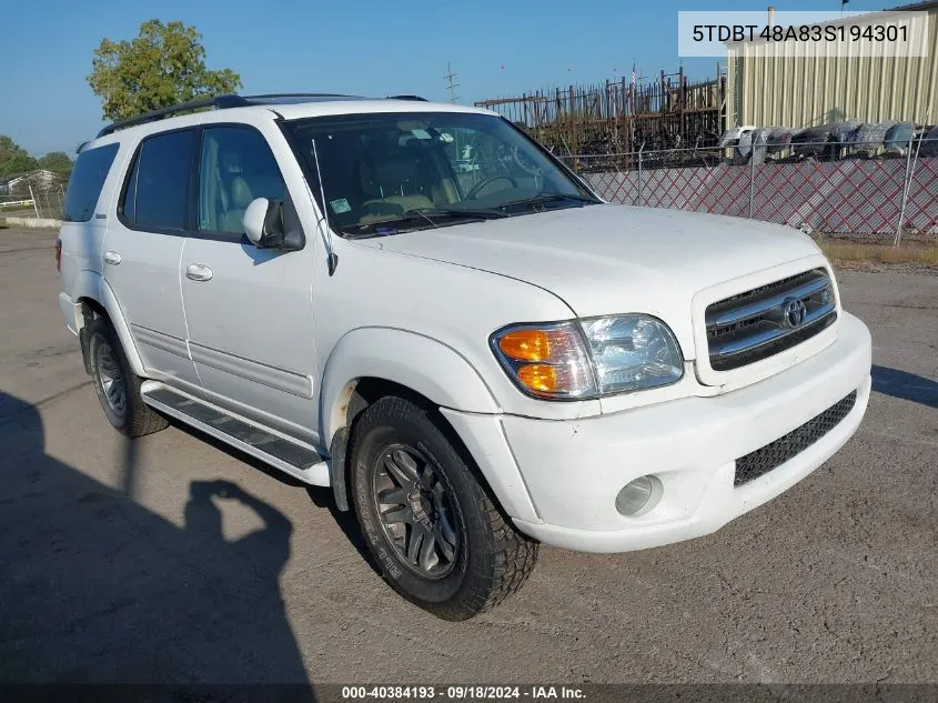 2003 Toyota Sequoia Limited V8 VIN: 5TDBT48A83S194301 Lot: 40384193