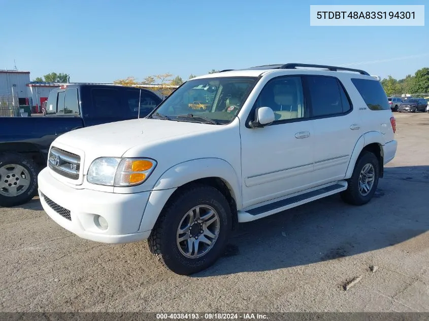 2003 Toyota Sequoia Limited V8 VIN: 5TDBT48A83S194301 Lot: 40384193