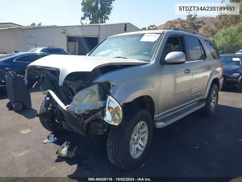 2003 Toyota Sequoia Sr5 V8 VIN: 5TDZT34A23S189951 Lot: 40429116