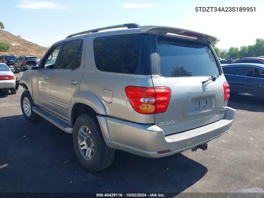 2003 Toyota Sequoia Sr5 V8 VIN: 5TDZT34A23S189951 Lot: 40429116