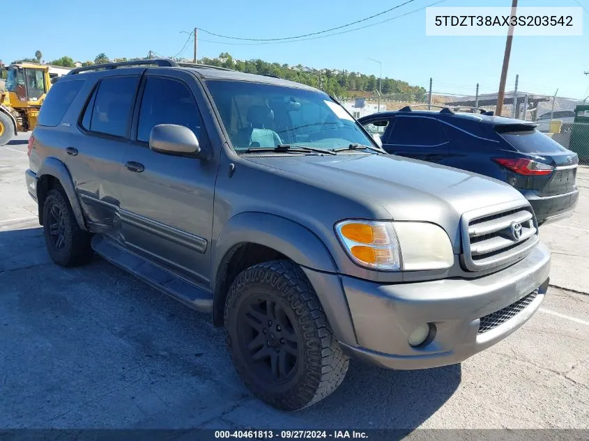 2003 Toyota Sequoia Limited V8 VIN: 5TDZT38AX3S203542 Lot: 40461813